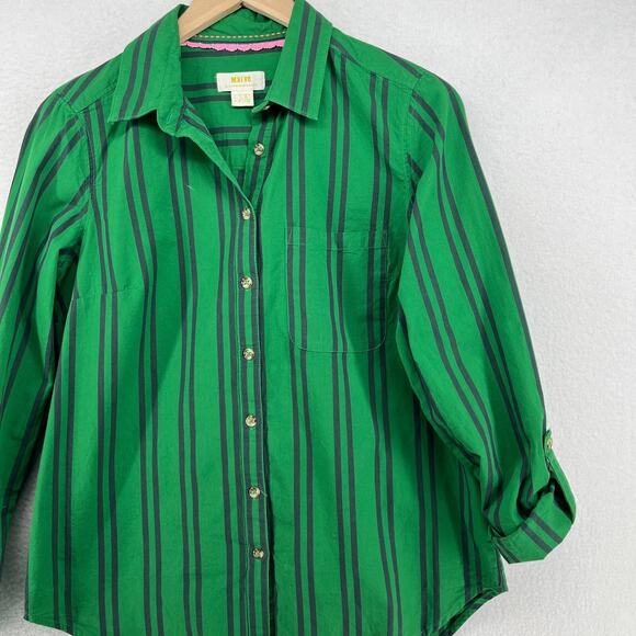 MAEVE ANTHROPOLOGIE Shirt 6 Striped Button Up Roll Tab Cottagecore Cotton Green - Picture 5 of 16